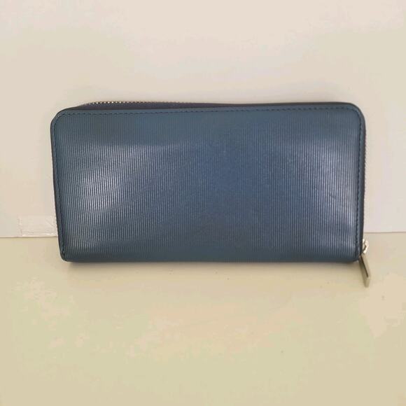 Lanvin Solid Blue Leather Zip Around Large Wallet Long Clutch Logo Designer - Picture 2 of 10